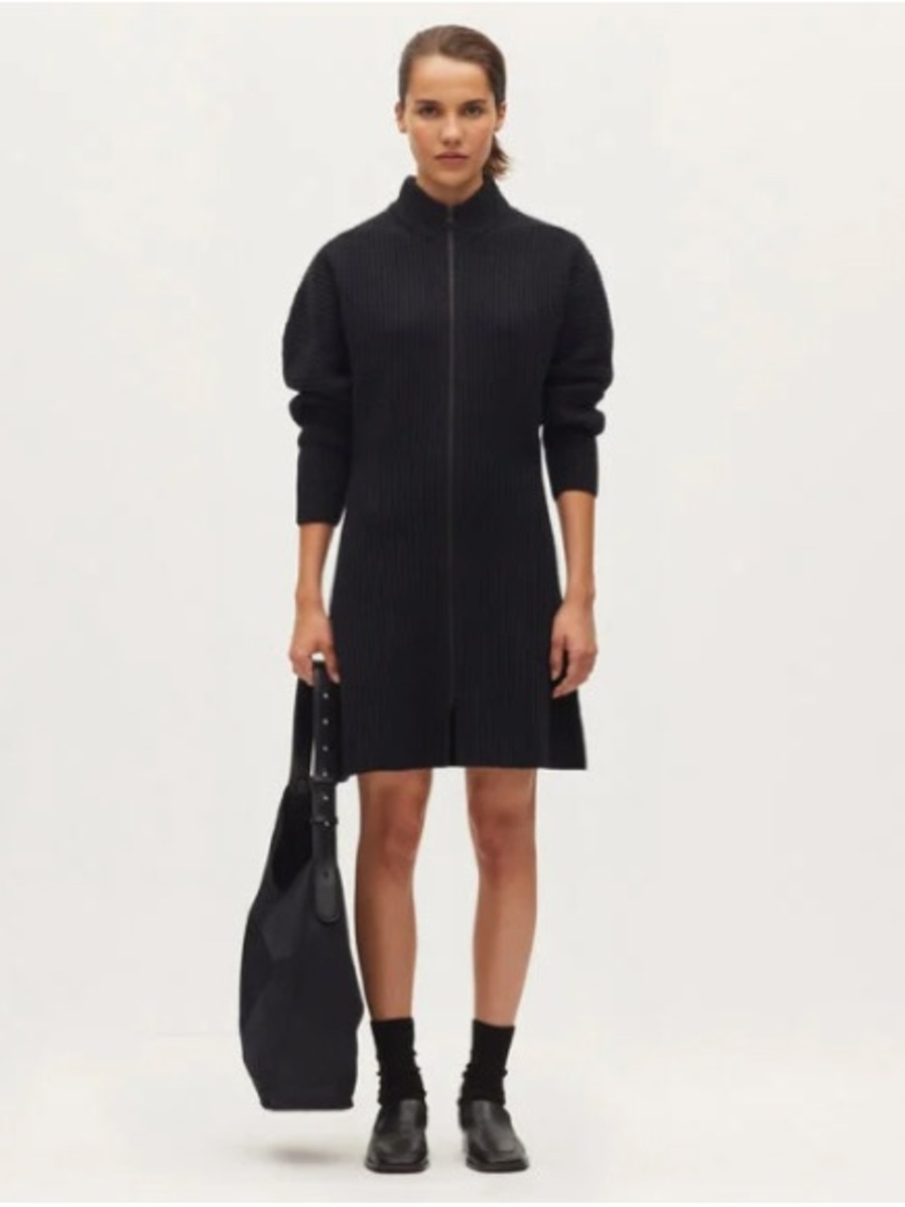 Comptoir des Cotonniers 100% Wool Ribbed Zip Sweater Dress S French Girl Classic